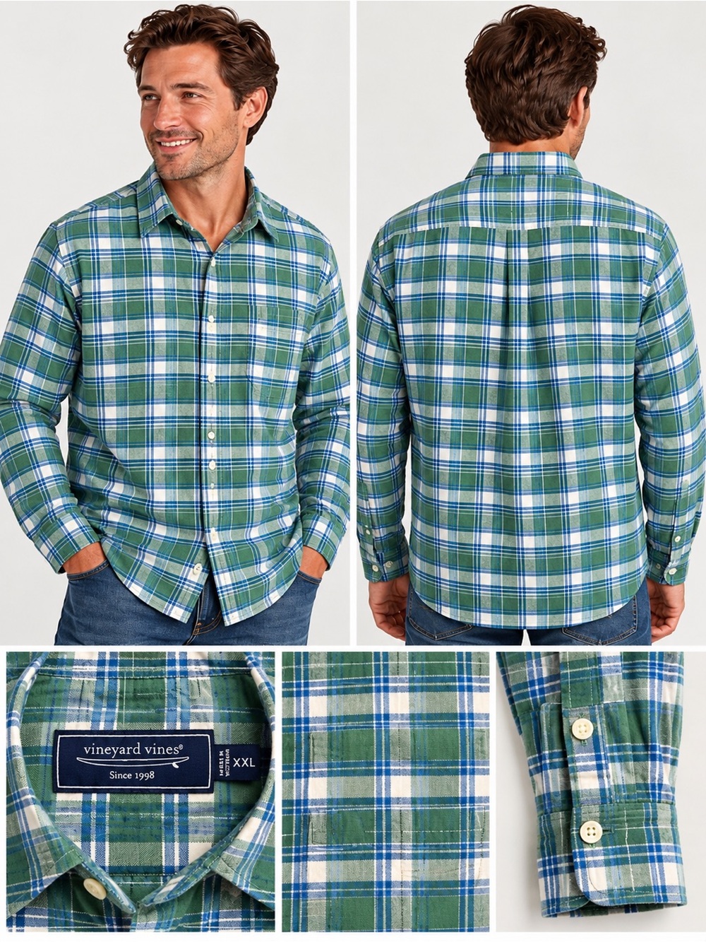Vineyard Vines Men’s XXL Green Blue Plaid Long Sleeve Button Down Shirt